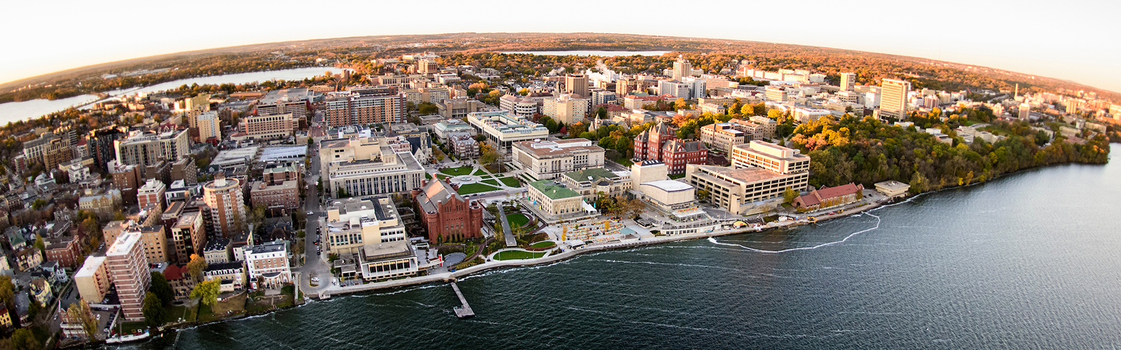 Aerial view of Lake Mendota and the UW–Madison campus